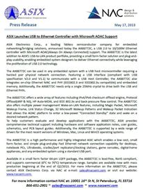 ASIX Launches USB to Ethernet Controller with Microsoft AOAC Support.